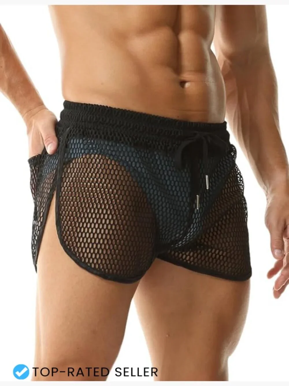 Mesh Shorts Sexy See Through Sheer Fishnet Split Side Boxer Briefs Lounge Sleep